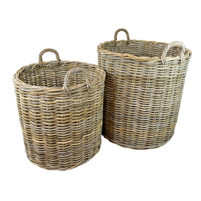 Set Of 2 Grey Round Rattan Baskets