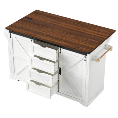 KK 72" Farmhouse Kitchen Island with Fridge Storage Space Power Outlet, Rolling Coffee Bar Cabinet on Wheels with 4 Drawers, Sliding Barn Door, Gla