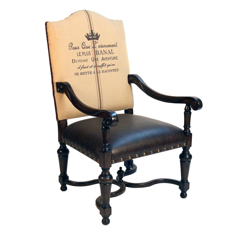 Upholstered Armchair, Dark Brown Wood, Cream/Beige/Brown Polyester Blend/Vinyl