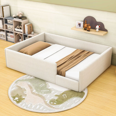 Corduroy Upholstered Floor Bed with Guardrails and Padded Bumpers