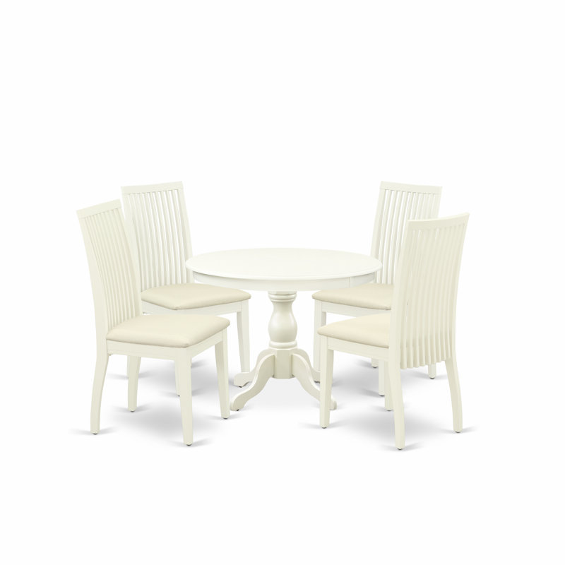 5 Piece Dining Set Includes a Round Dining Table with Pedestal and 4 Linen Fabric Kitchen Room Chairs, Linen White