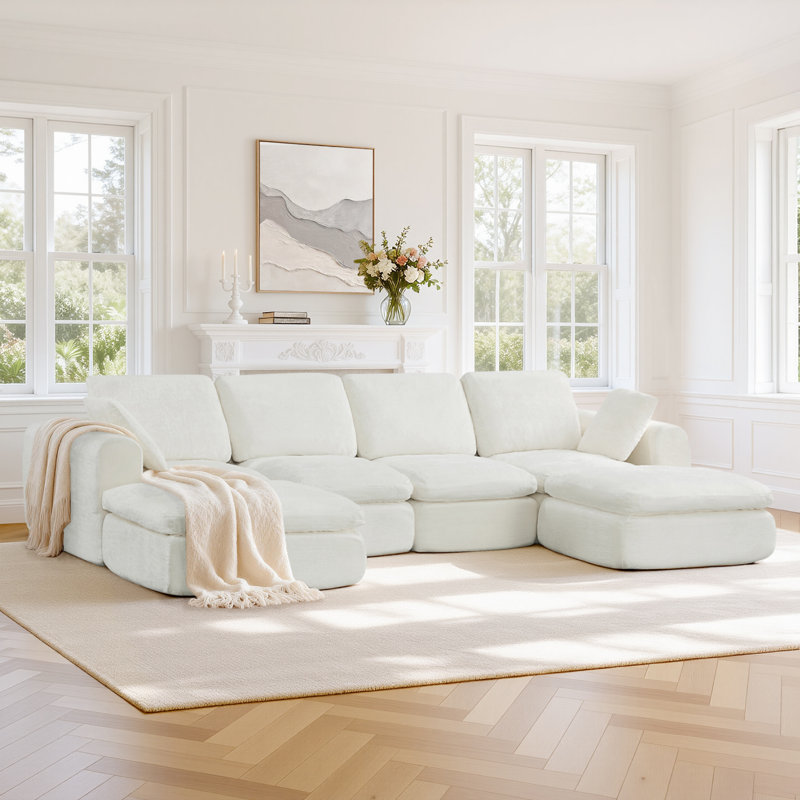 Dineen Boneless 137.8"W No Assembly Required 6-Piece Cloud Couch Comfy Modular Sofa With 2 Ottoman, Cream
