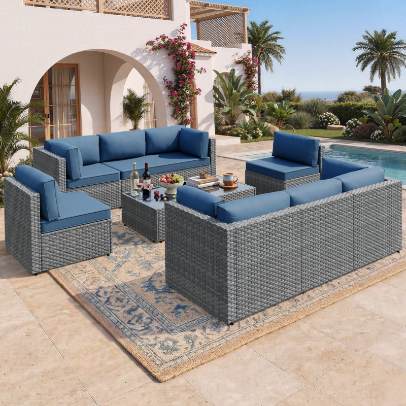 Ensemble de conversation modulaire d'extérieur 8 personnes avec coussins, Marine, Argent