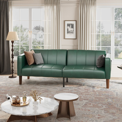 Canapé-lit de futon convertible avec causeuse moderne en cuir de polyuréthane de 75 pouces avec dossier réglable et poches latérales, canapé-lit pliant peu encombrant pour salon, appartement de chambre à coucher, vert