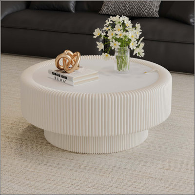Table basse cannelée ronde avec plateau de rangement en verre trempé et plateau en cuir de qualité supérieure avec rangement caché pour le salon