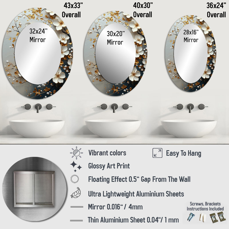 Gold Blue Bonzai Blossom Branch II - Gold Traditional Oval Wall Mirror, 43" x 33"
