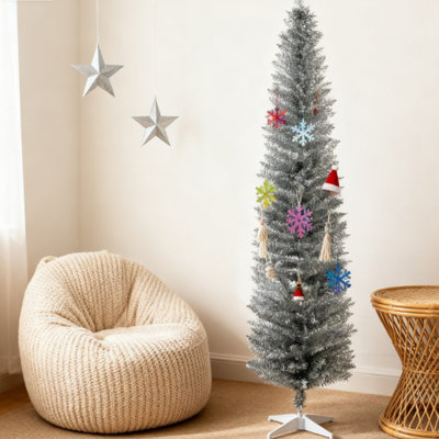 Sapin de Noël réaliste en forme de crayon, avec 499 branches et un support en plastique résistant, idéal pour les petits espaces et facile à installer.