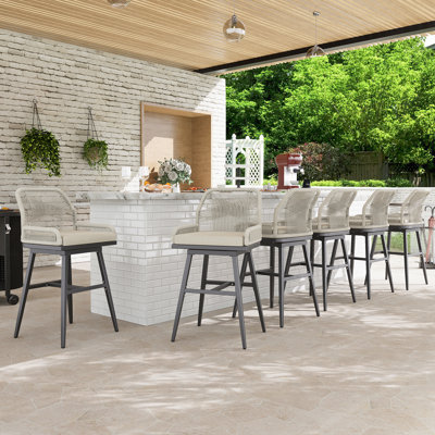 Bar Stools Set Of 2, Rattan Counter Height Bar Stools, 26" H Swivel Patio Barstools With Boho Woven Rope Back For Kitchen Patio Garden Cushions Included,