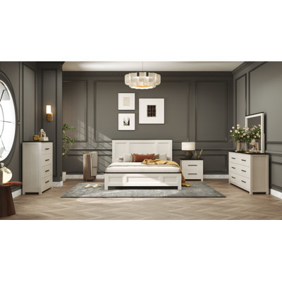 Roundhill Furniture Realynn 5-Piece Wood Bedroom Set, Panel Bed with Dresser, Mirror, Chest, and Nightstand, Off-White Finish