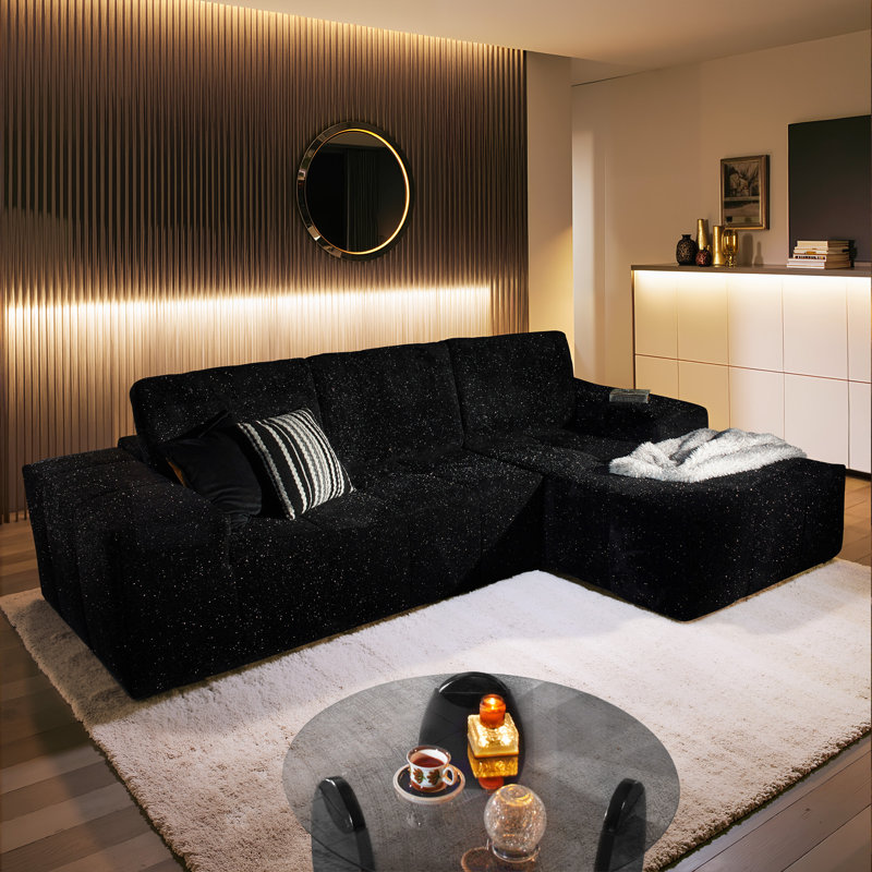 Canapé modulaire en tissu lurex argenté 2 pièces Boneless, Polyester noir, Orienté à droite