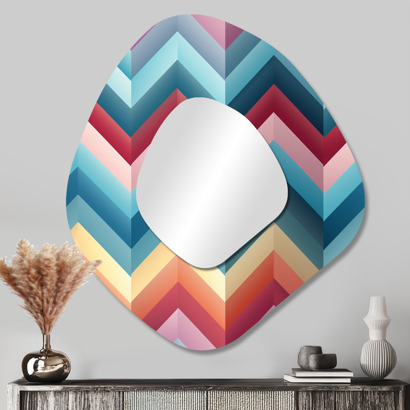 Multicolor Urban Geometry Chevron Pattern - Chevron Unique Shape Large Mirror, Glam Asymmetrical Decorative Wall Mirror, Printed Metal Art