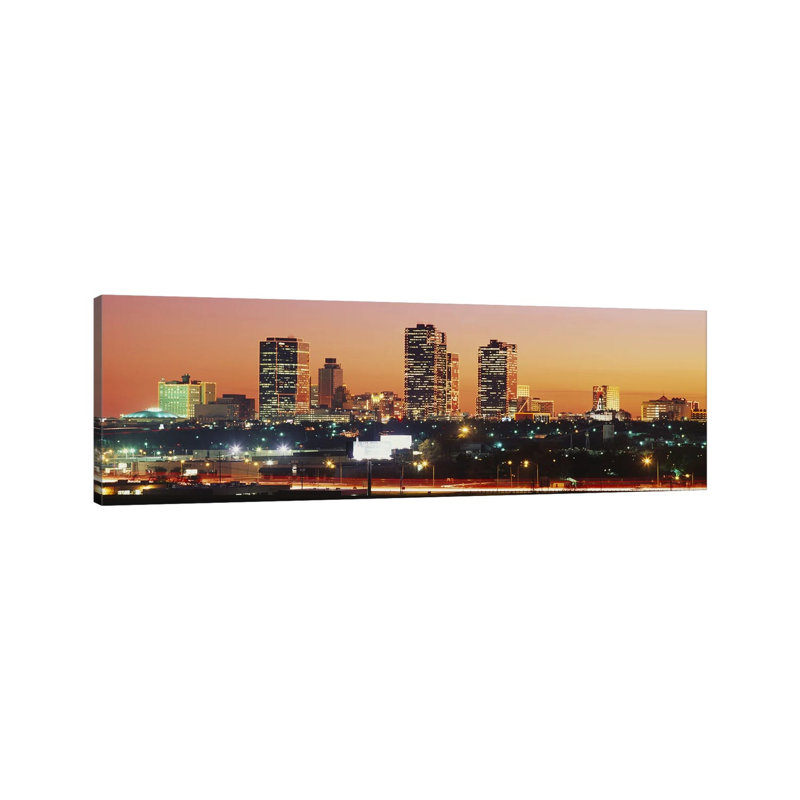 Buildings Lit Up at Dusk, Fort Worth, Texas, USA 1 Piece Wrapped Canvas Panoramic Wall Art
