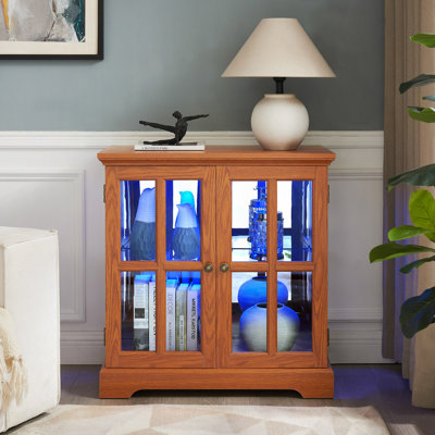 Elegant LED Display Cabinet - Antique Retro Design With Adjustable Shelves And Lattice Doors, Stylish Bookcase For Home Décor And Organized Storage