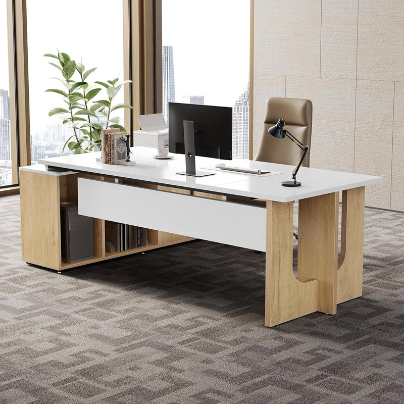 Bureau de direction en L avec armoire de rangement et tablettes, grand bureau d'ordinateur moderne