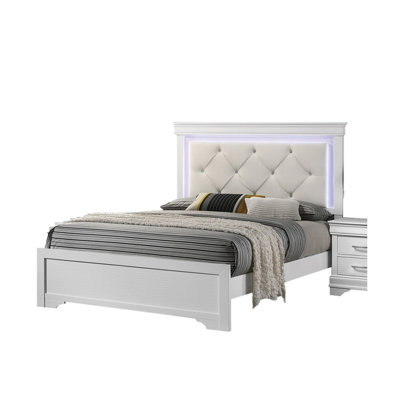 White Faux Leather Tufted Headboard 1Pc Queen Size Bed W LED Bedroom Furniture White Unique Texture FB Solid Wood