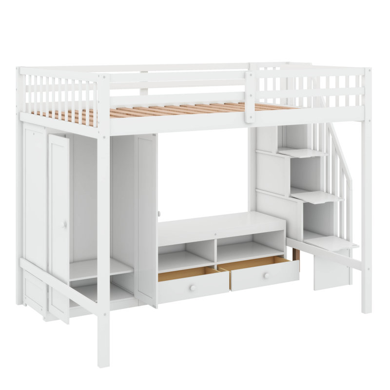 Une base de lit mezzanine pleine grandeur avec garde-robe intégrée et escalier de rangement, Blanc