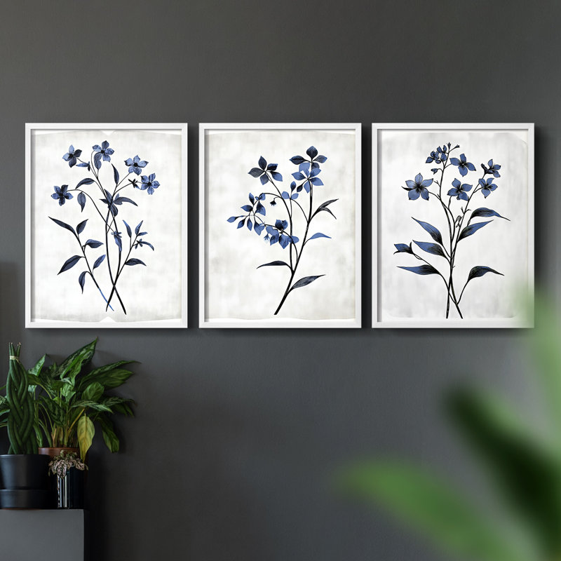 Étude florale CLxxvi -Set de 3 estampes numériques giclées -Prêt à accrocher, Blanc, H 10 po x l 24 po