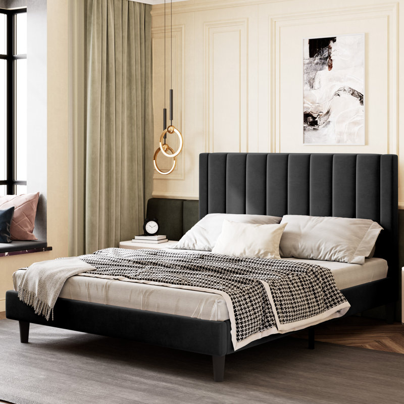 Lit plateforme tapissier Ozella - Aucun sommier requis, assemblage facile, Grand lit, Noir
