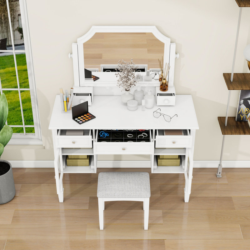 Bureau de coiffeuse avec miroir ajustable, 5 tiroirs, armoires et tabouret rembourré