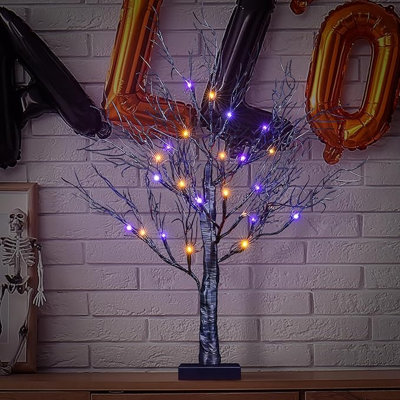  Arbre de fantaisie artificiel noir en forme de bonsaï à guirlande de 26 pouces avec 20 lumières pour la maison, les fêtes, la crèche, la fête et les décorations de Noël, à brancher ou à pile (orange + mauve)