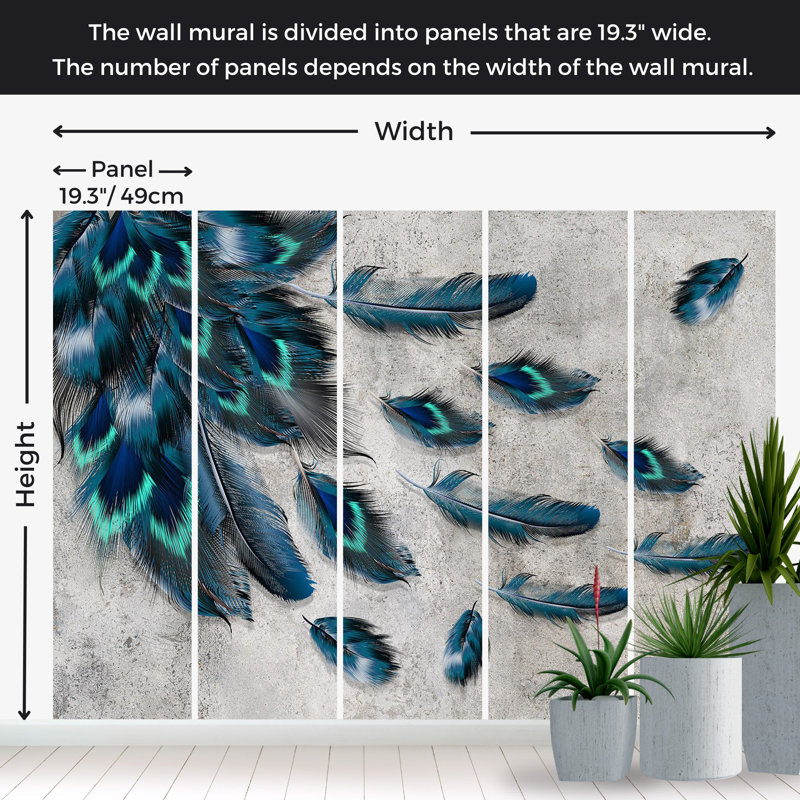 Murale animaux pelez et collez - plumes soufflées, L 82 po x l 115 po