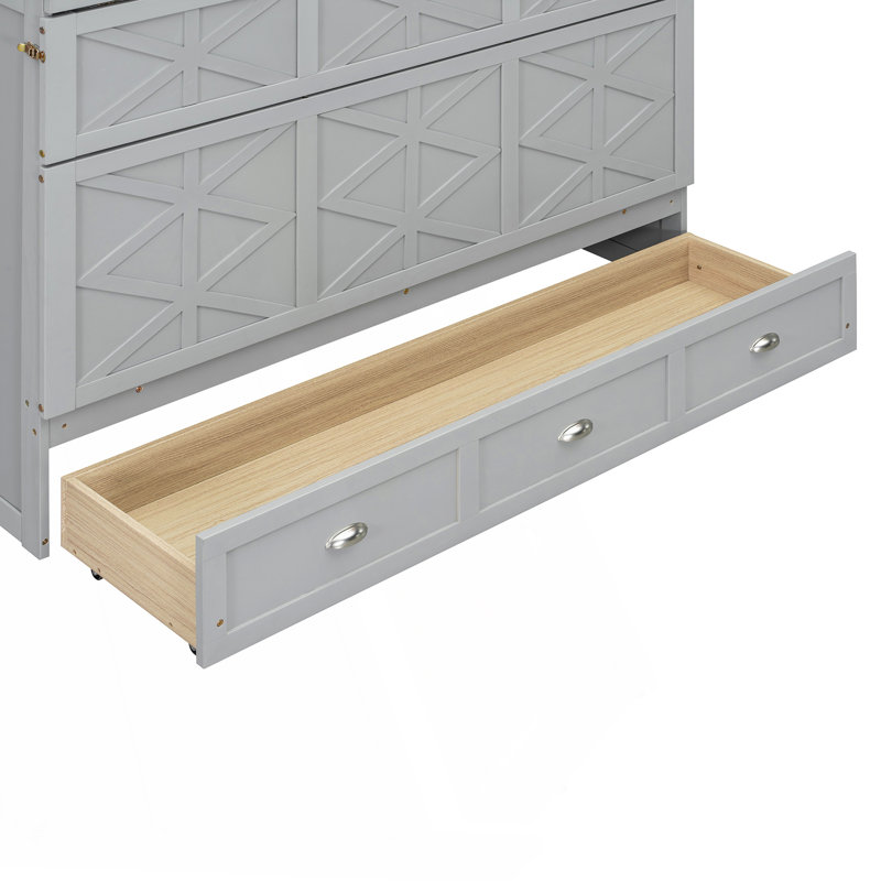 Grand lit escamotable avec grands tiroirs et port USB, gris brossé, Gris