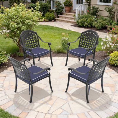 Cast Aluminum Patio Dining Chair Set Of 4 With Weather-Resistant Coating And Comfortable Blue Cushions For Outdoor Use