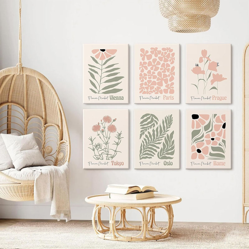 Boho Botanical Wall Art Prints Blush Pink Canvas Wall Decor Flower Market Wall Art Poster Abstract Aesthetic Pictures Pink Floral Artwork for Room Bedroom Set of 6 12x16 Inch Wrapped Canvas