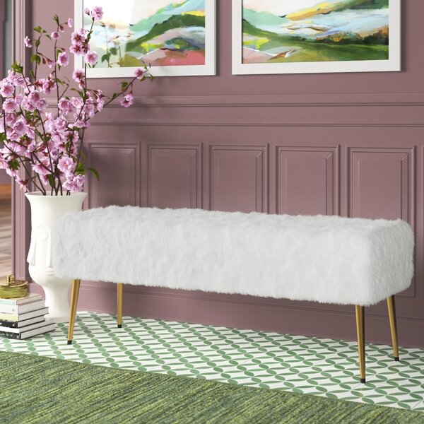 55 White End of Bed Bench, Modern Faux Fur Upholstered Ottoman Bench Seat  with Gold Legs, Fuzzy Long Bench for Bedroom Living Room Foyer Indoor