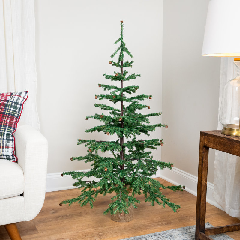 Arbre de Noël artificiel moyen avec pommes de pin et base en toile de jute - 4 pi - non éclairé