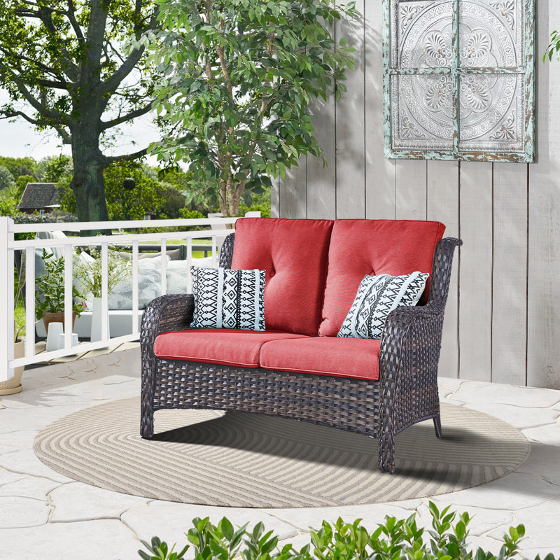 Schutt 50" Wide Outdoor Wicker Loveseat With Cushions, Red, Brown