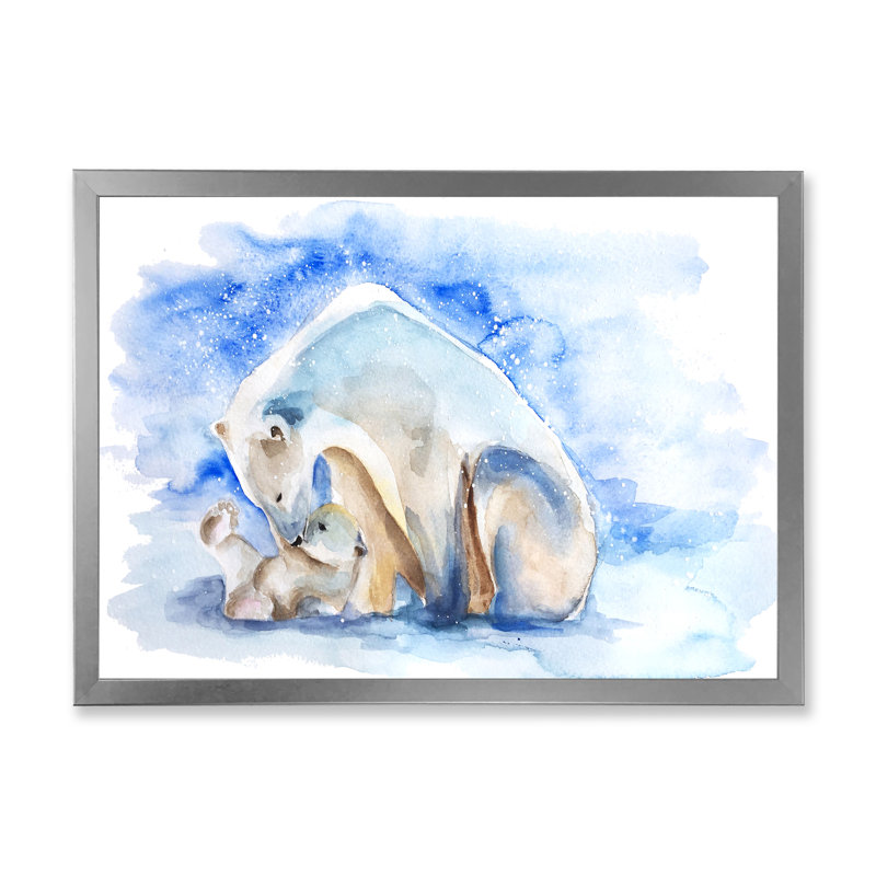 Ours polaire avec un ourson - peinture sur toile, H 13,5 po x l 21,5 po x P 1 po, Cadre argenté