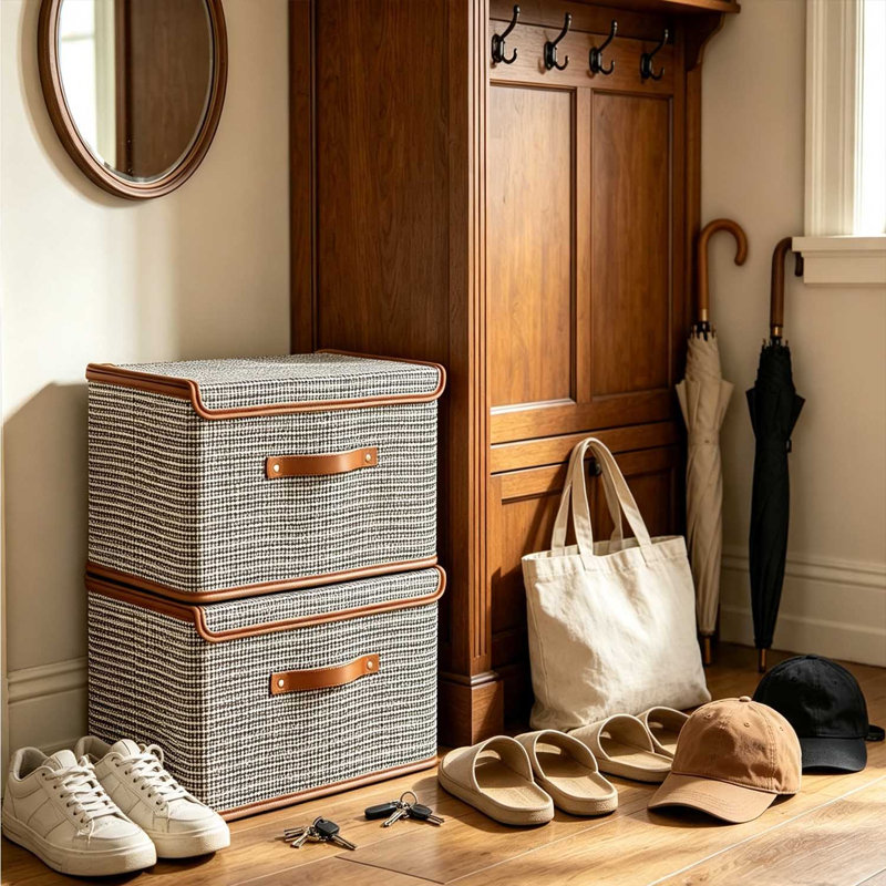 2 PCS Storage Bins with Lids, Collapsible Closet Organizer Container, Fabric Organizer Box with Handles, Decorative Storage Boxes with Lids for Organizing Clothes, Books, Light Grey