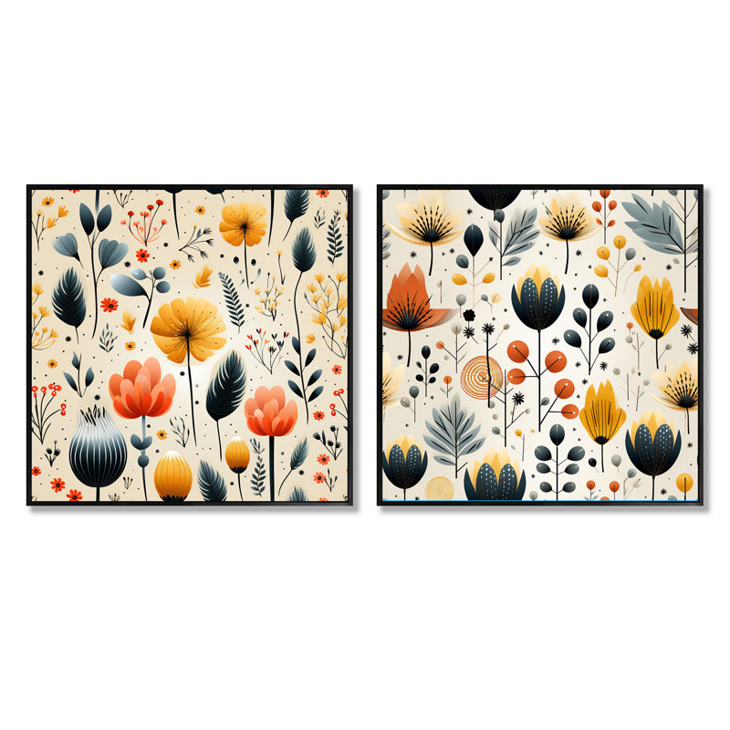 Ines - Ensemble de 2 collages carrés botaniques abstraits, Cadre flottant noir, H 16 po x l 33 po