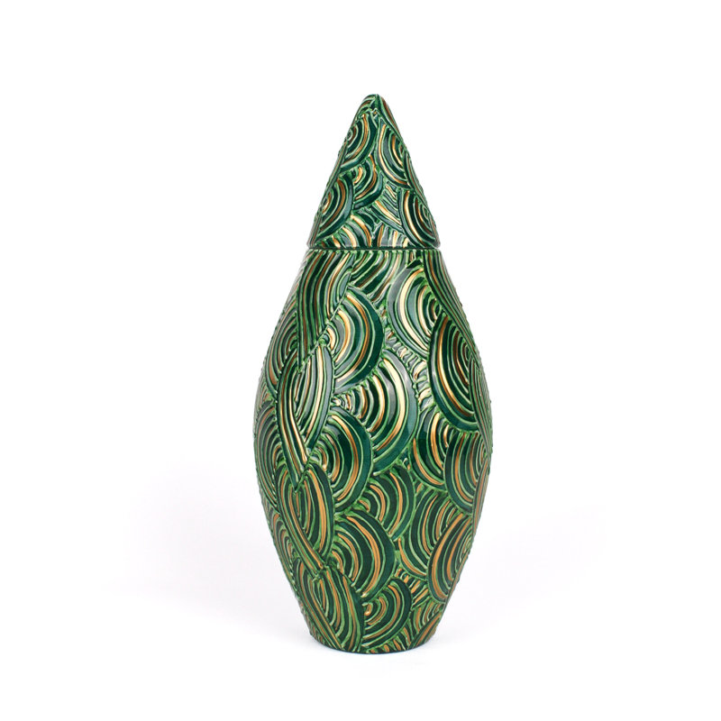 Ribbed Handmade Ceramic Jar, Green/Gold