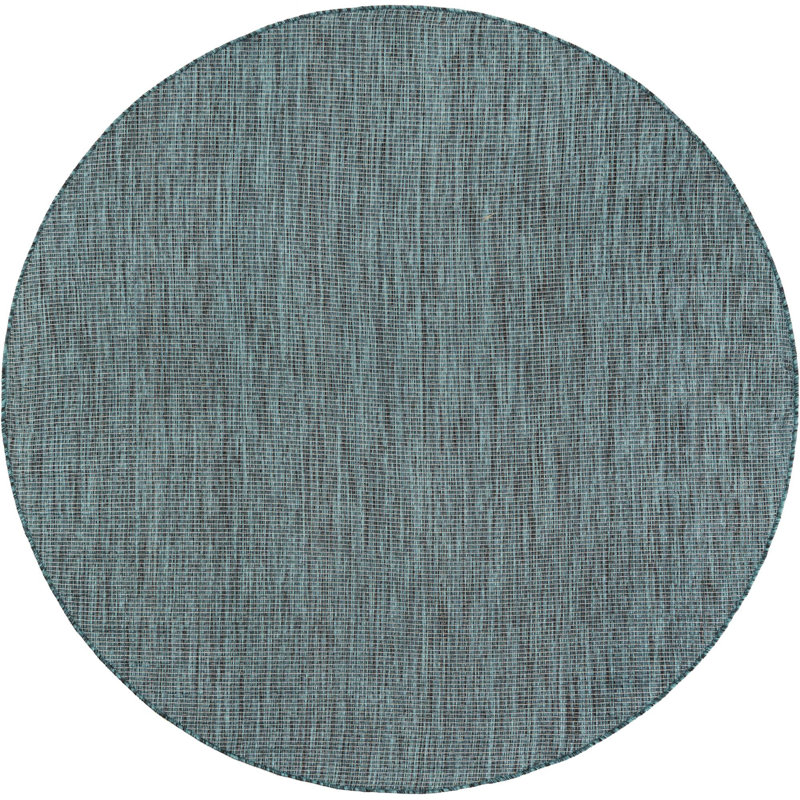 Tapis bleu sarcelle intérieur / extérieur Sevim, Rond 5 pi 3 po