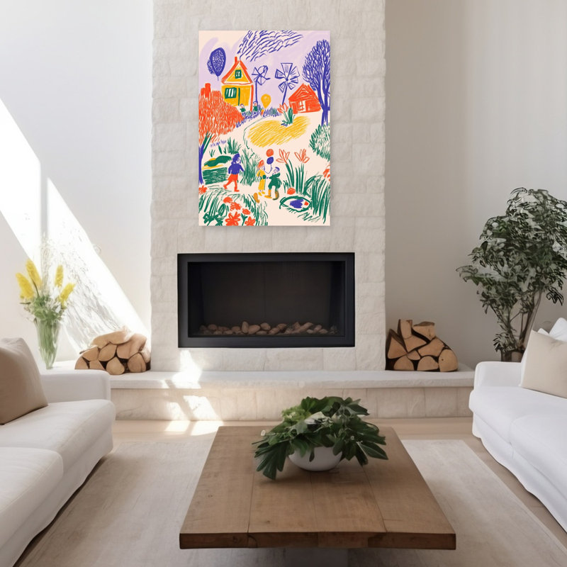 «Children's Whimsical Village Colorful Playful Whimsical Landscape Spring», reproduction d'art mural, H 48 po x l 32 po
