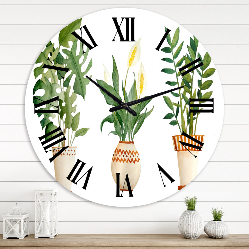 Horloge murale maison de campagne Monstera & Peace Lily In Terra Cotta, Surdimensionné