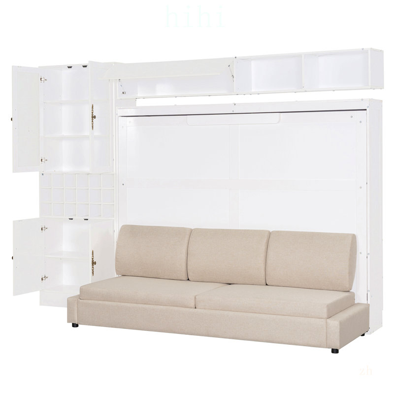 Lit escamotable Queen Size avec canapé, étagères, ports USB et éclairage pour un espace de vie multifonctionnel et peu encombrant