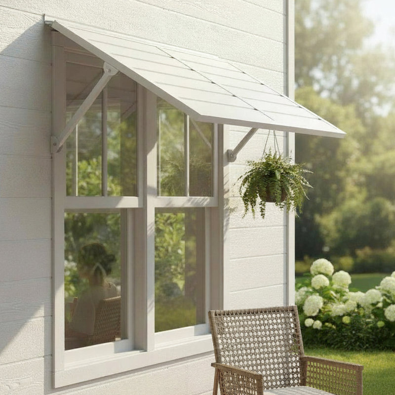 Auvent métallique blanc 4.6 Terrace - Structure extérieure en aluminium avec revêtement en poudre contemporain, charnière continue avec joint d'étanchéité intégré, quincaillerie en acier inoxydable à installation rapide, adaptée