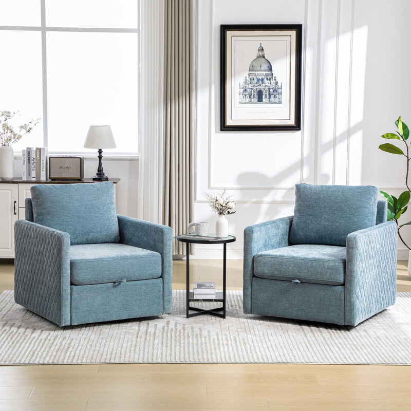 Chaise d'appoint bleue peu encombrante avec rangement pivotant, revêtement en chenille pour salon moderne