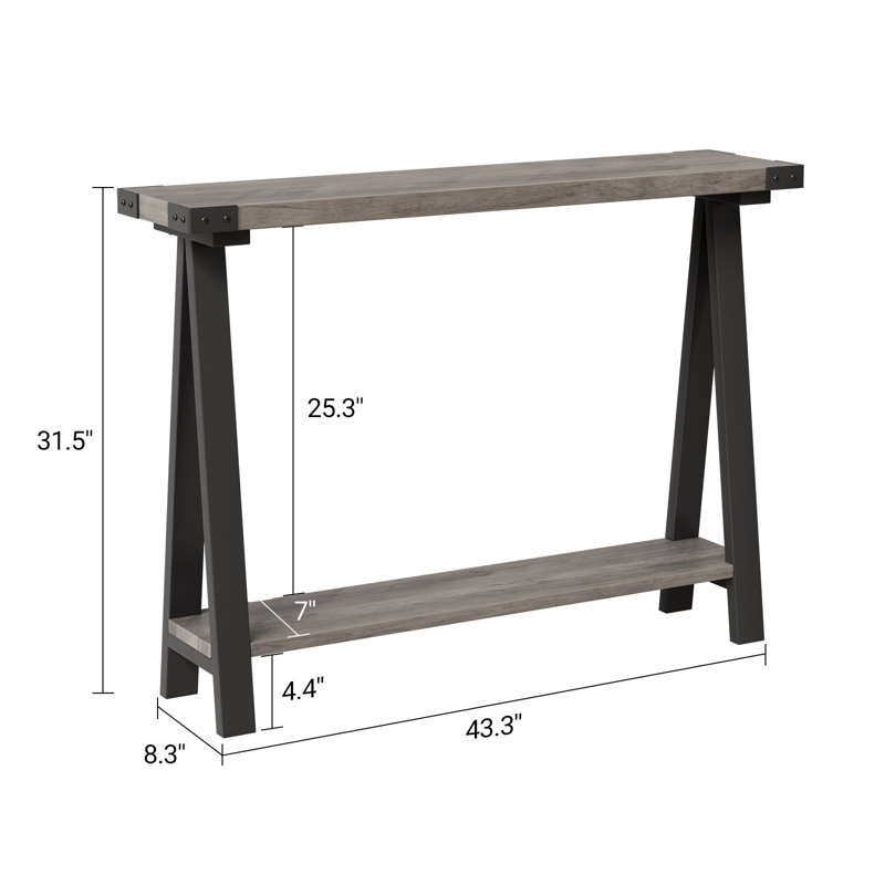 Gray 2-Tier Console Table with Storage Farmhouse 43.3" Entryway Table with Metal Frame and MDF Narrow Sofa Table Behind the Couch for Hallway Living Room