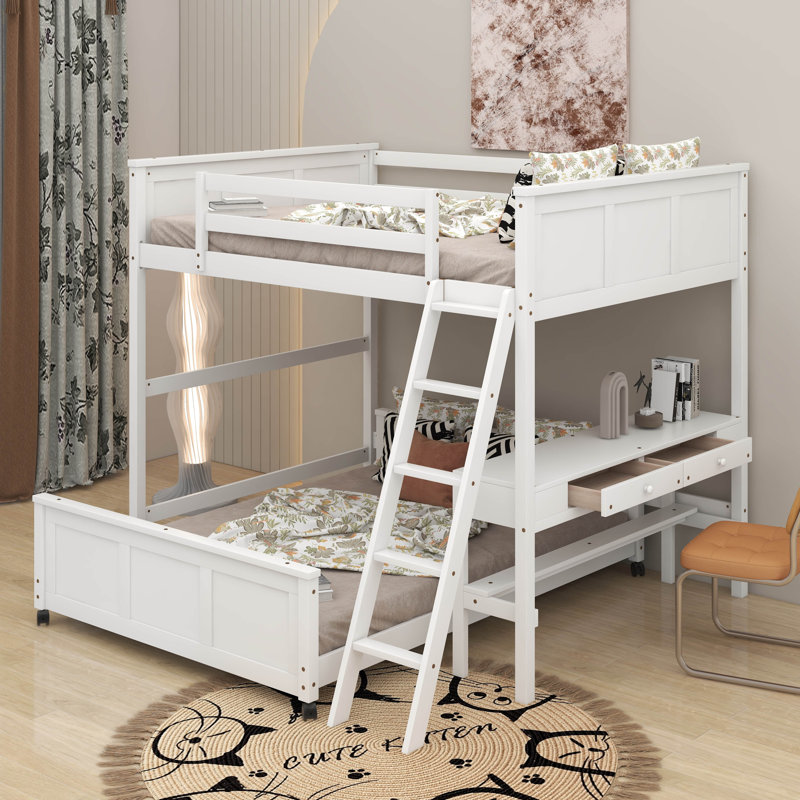 Lit superposé en bois Icaro avec bureau et tiroirs, échelle, Simple sur double, Blanc