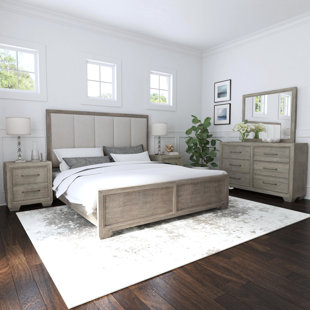 Ensemble de chambre avec lit tapissier, commode, miroir et 2 tables de chevet Ennesley