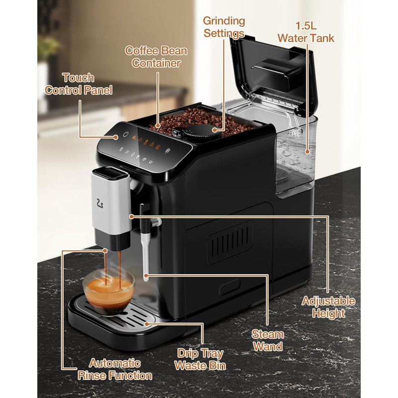 Machine à espresso entièrement automatique avec moulin, machine à café à 20 barres avec moulin intégré, nettoyage automatique avec fonction eau chaude, réservoir d'eau de 1,5 l pour café au lait, cappuccino (sans mousseur à lait)