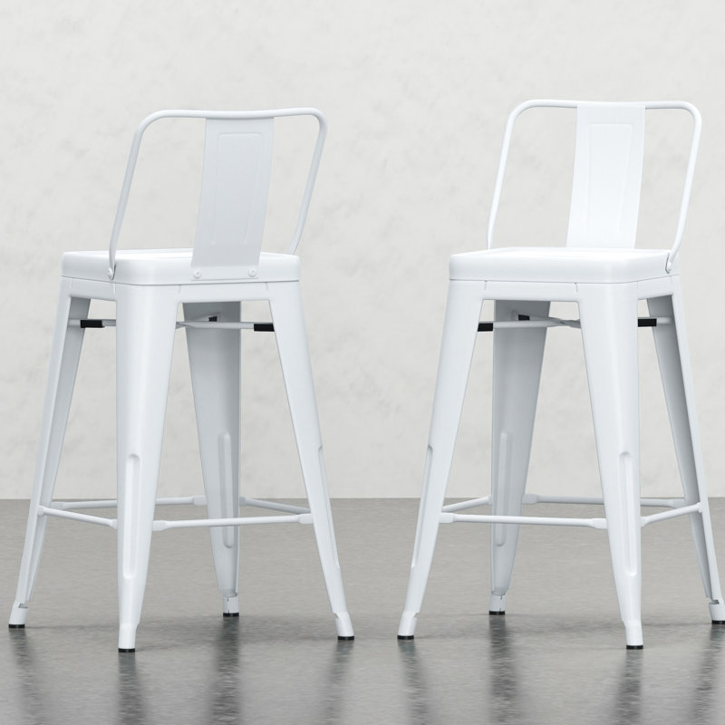 24" Metal Counter Stools Of 2 - White, Industrial Look With Curved Backs And Footrests For Unparalleled Support Comfort Height Stool 2, Modern Sleek White Powder Finish