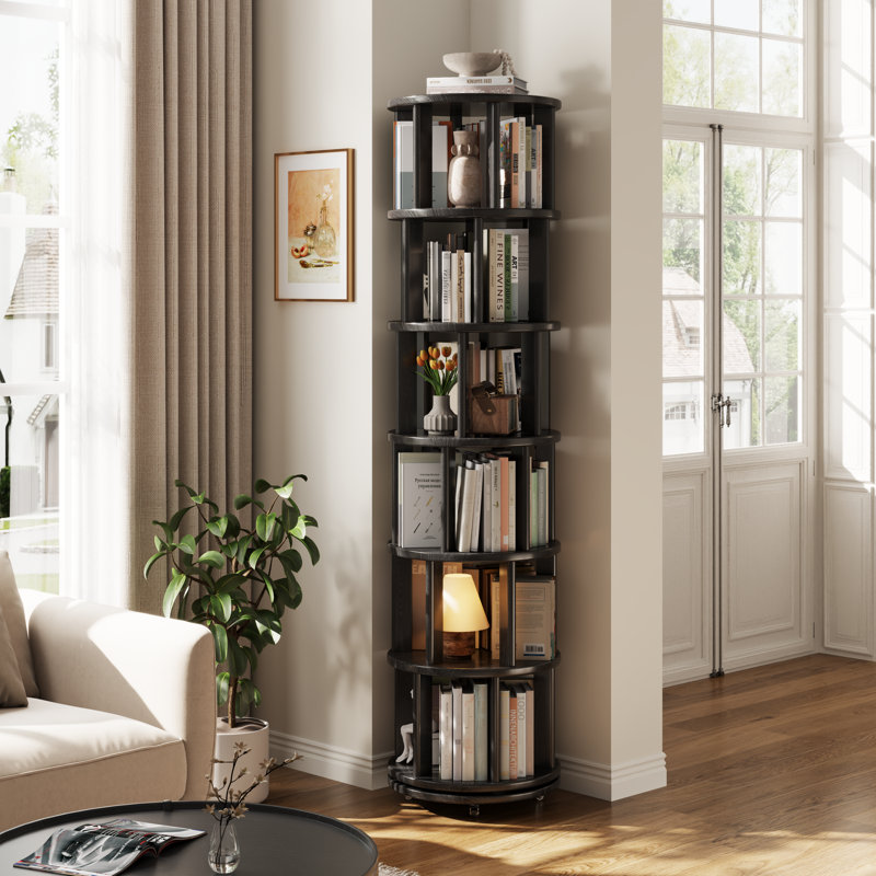 360° Rotating Solid Wood Bookshelf, Equipped with Brake Wheels, Allowing for Flexible Adjustment, Black