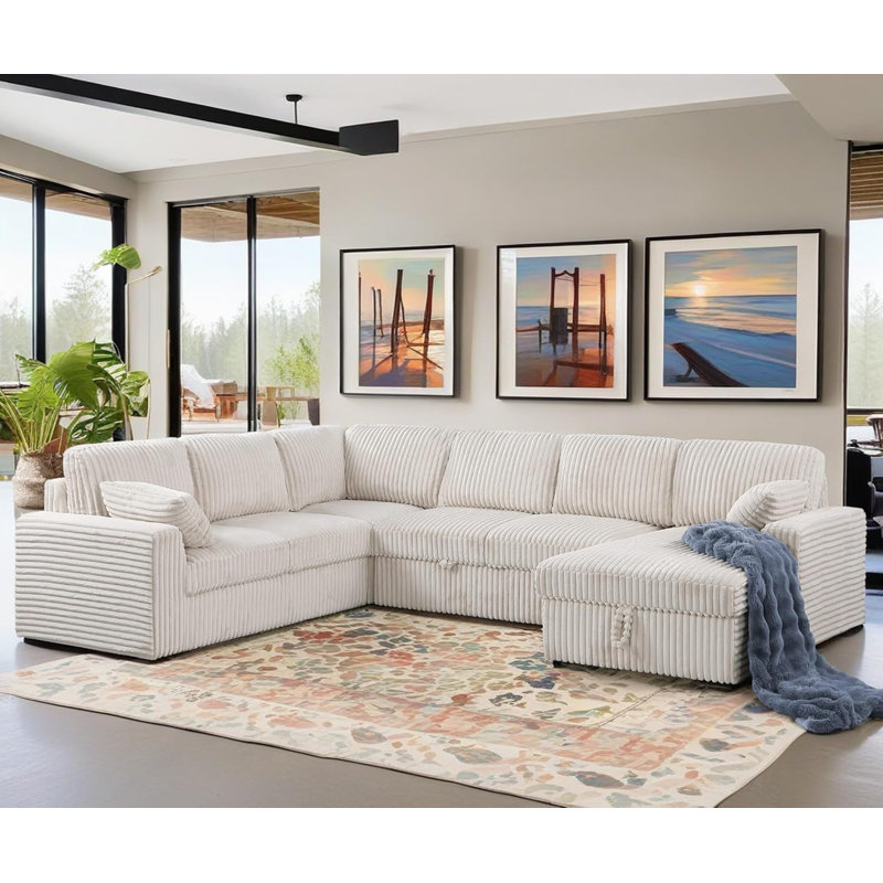 Manfried Oversized U-Shaped Sectional Sofa Bed Pull OutSleeper Couch With Storage Chaise For Living Room, Beige Corduroy