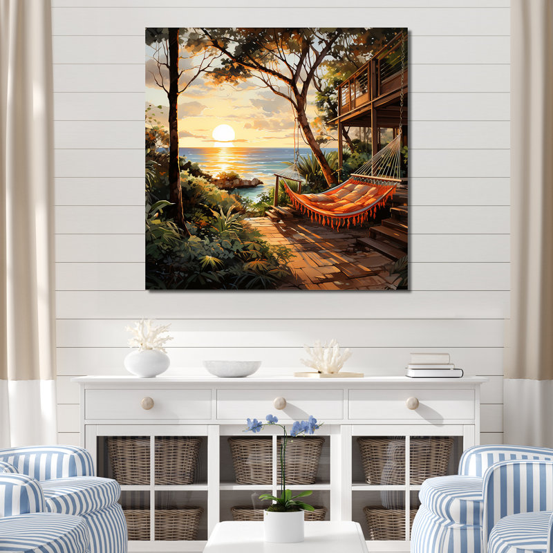 Coucher de soleil hamac près de la plage III - art mural côtier tropical, Toile tendue, H 36 po x l 36 po