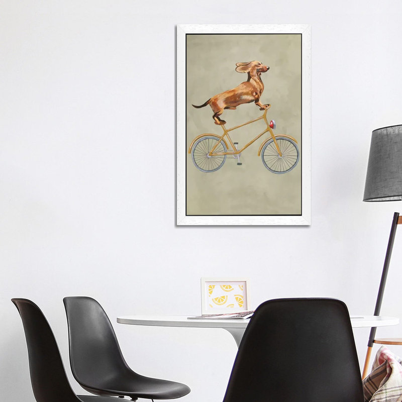 Dachshund On Bicycle I by Coco De Paris - Print on Canvas, 101.6 cm H x 66.04 cm W, White Framed